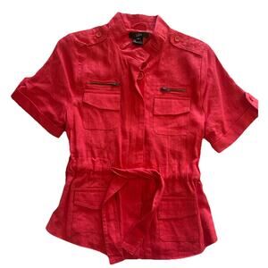 Anthropologie‎ Luii Jacket Short Sleeve Red Military Belted Zip Linen Sz Small